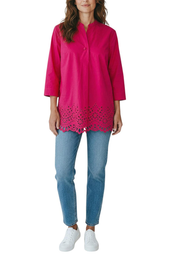 camicia donna con bordo in sangallo fucsia<BR/>