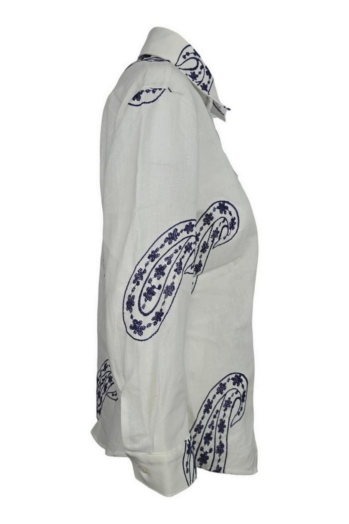 camicia donna con ricami paisley bianco e blu