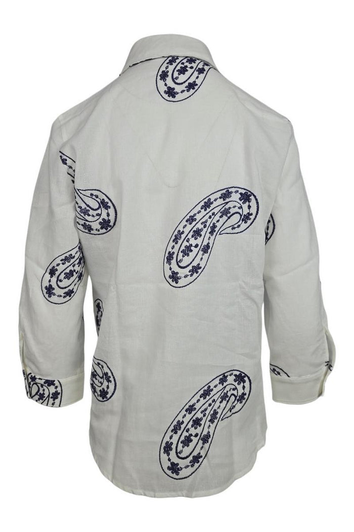 camicia donna con ricami paisley bianco e blu