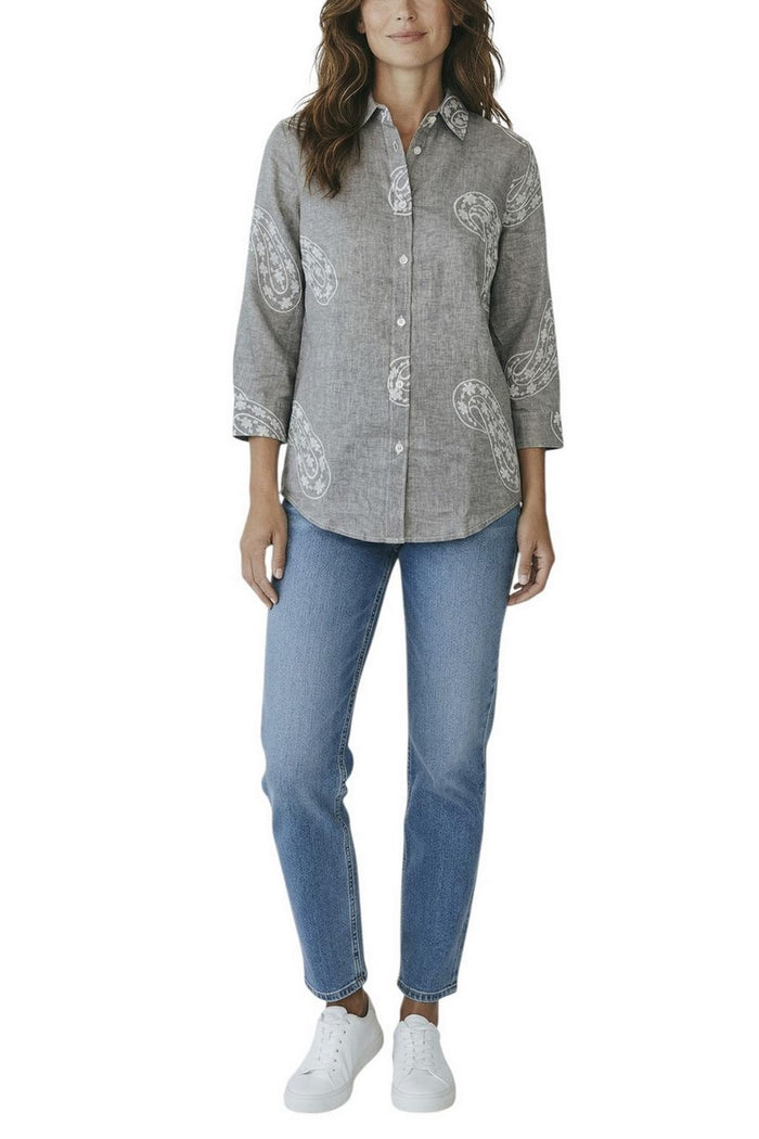 camicia donna con ricami paisley tortora e bianco