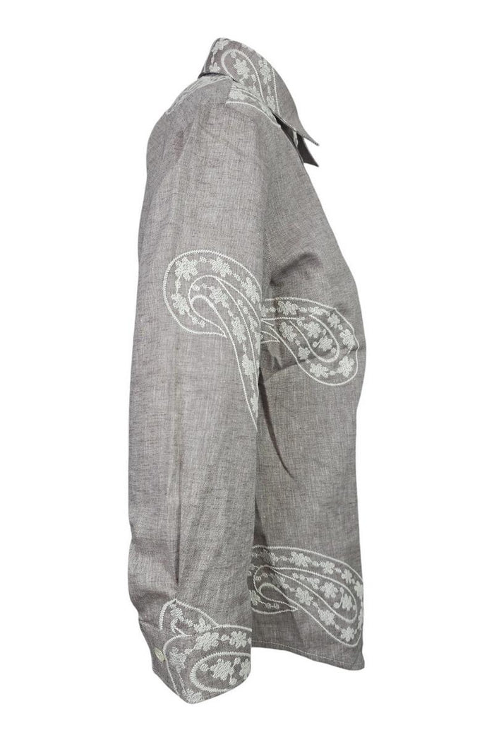 camicia donna con ricami paisley tortora e bianco