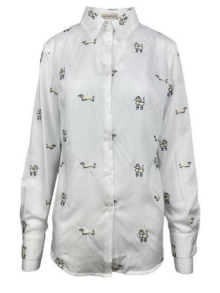 camicia donna con ricamo cani bianca e beige