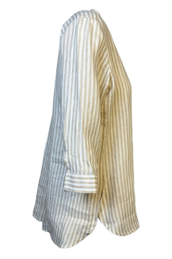 camicia donna fantasia righe in lino biaca e beige