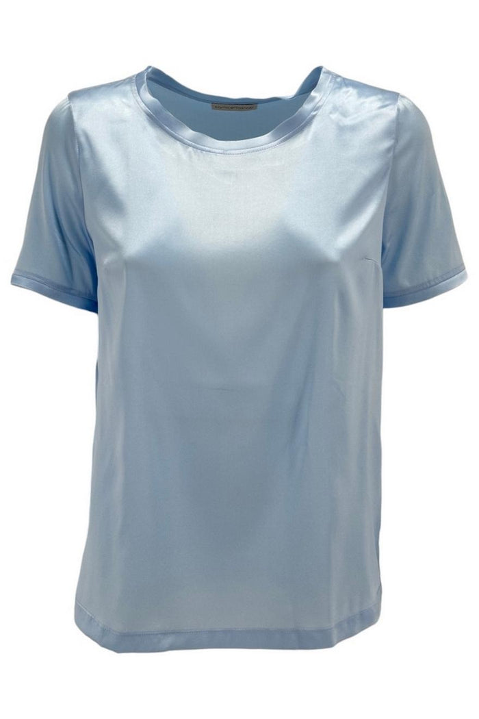 camicia donna girocollo in raso di seta azzurro
