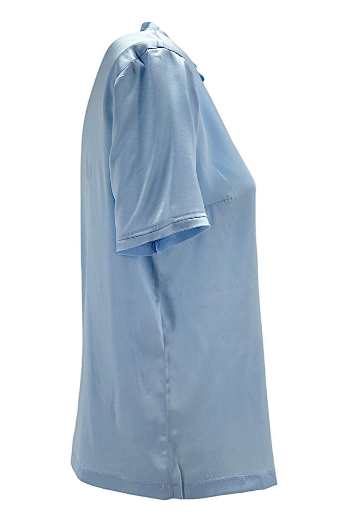 camicia donna girocollo in raso di seta azzurro