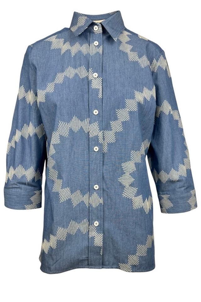 camicia donna in chambrai con ricami azzurro