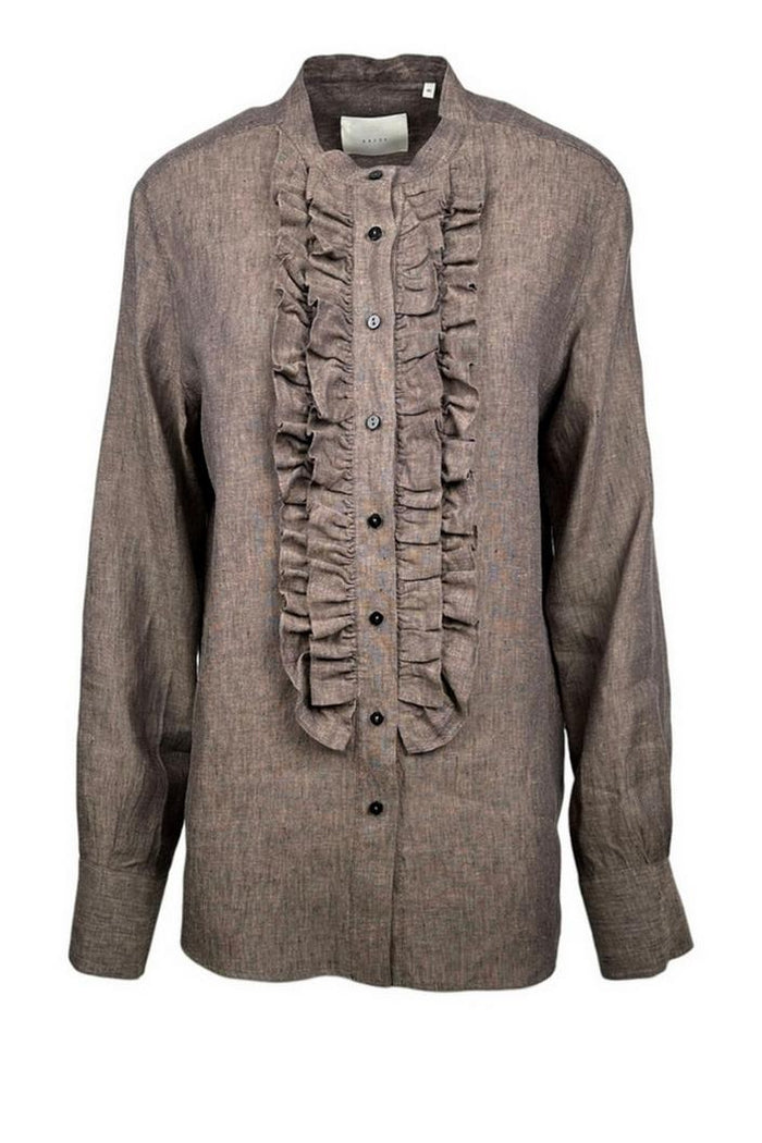 camicia donna in lino con ruches marrone