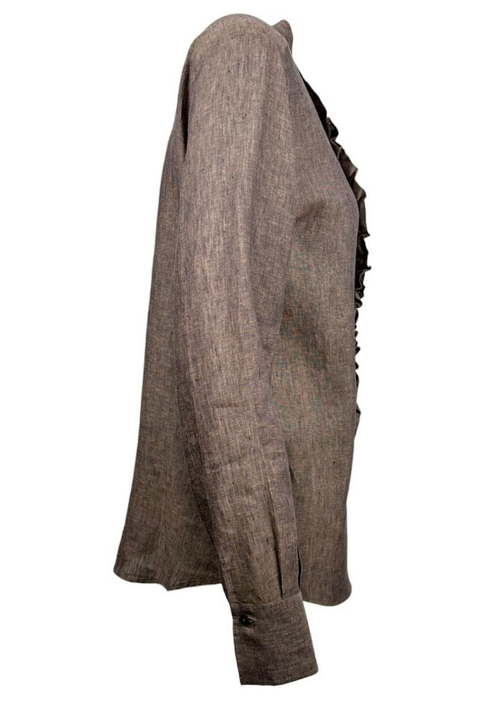 camicia donna in lino con ruches marrone