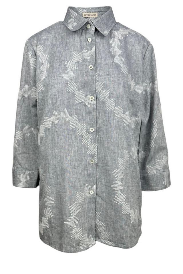 camicia donna in lino grigio con ricami grigia e bianca.