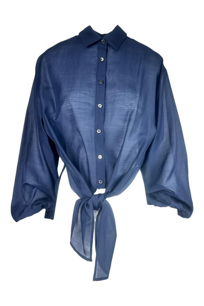 camicia donna in mussola con fiocco blu
