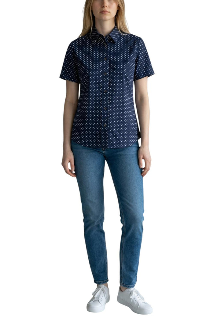 camicia donna manica corta in skinlike a pois blu e bianca