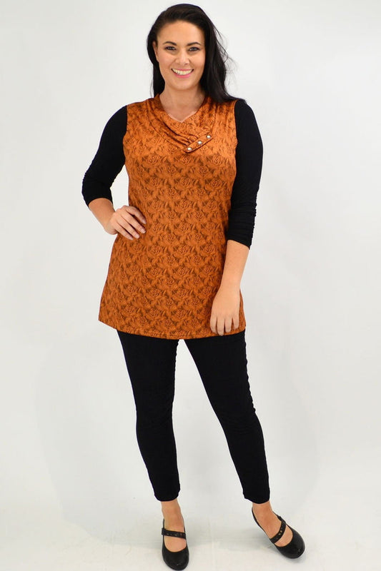Caramel Rose sleeveless tunic top by Lilia, featuring a soft caramel color and relaxed fit, perfect for casual wear.