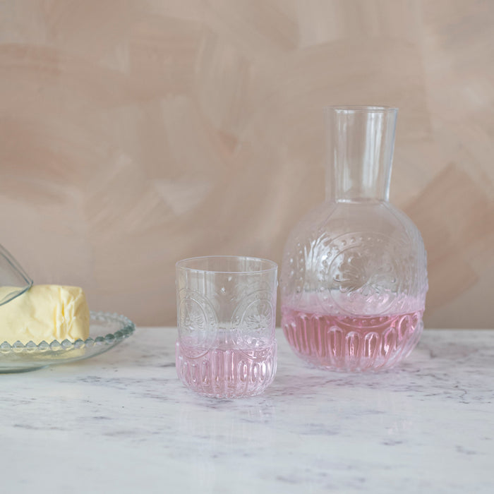 CC - 28 oz. Embossed Glass Carafe w/ 8 oz. Embossed Drinking Glass, Set of 2