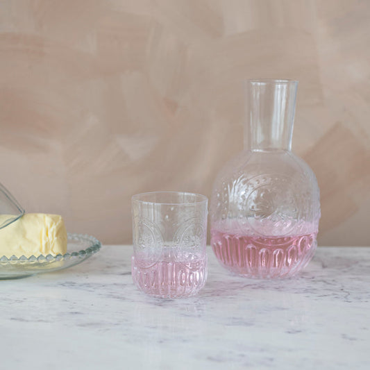 CC - 28 oz. Embossed Glass Carafe w/ 8 oz. Embossed Drinking Glass, Set of 2