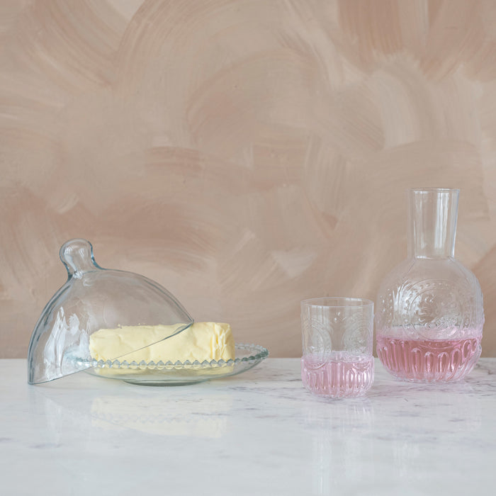 CC - 28 oz. Embossed Glass Carafe w/ 8 oz. Embossed Drinking Glass, Set of 2