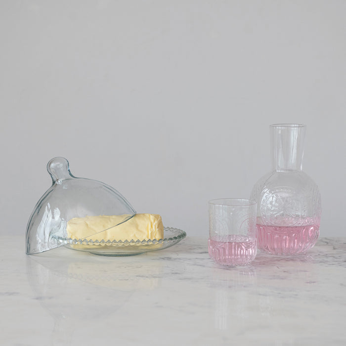 CC - 28 oz. Embossed Glass Carafe w/ 8 oz. Embossed Drinking Glass, Set of 2