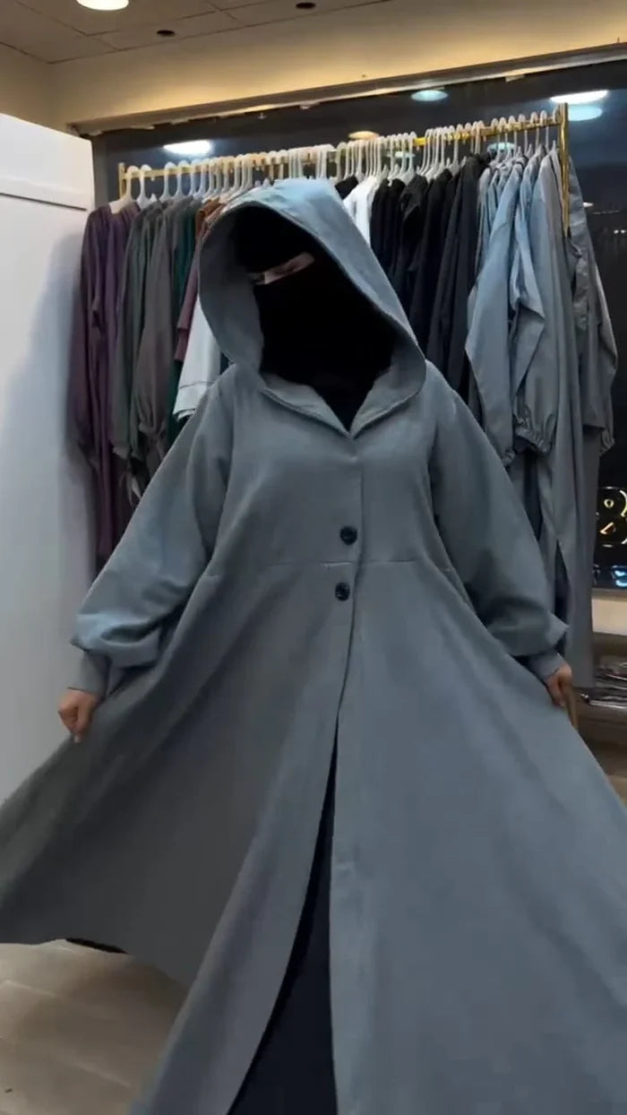 Ch 611 -Button-Front Long Frill Hoodie Winter Fleece Maxi Style with Wide Flare - Saimwear