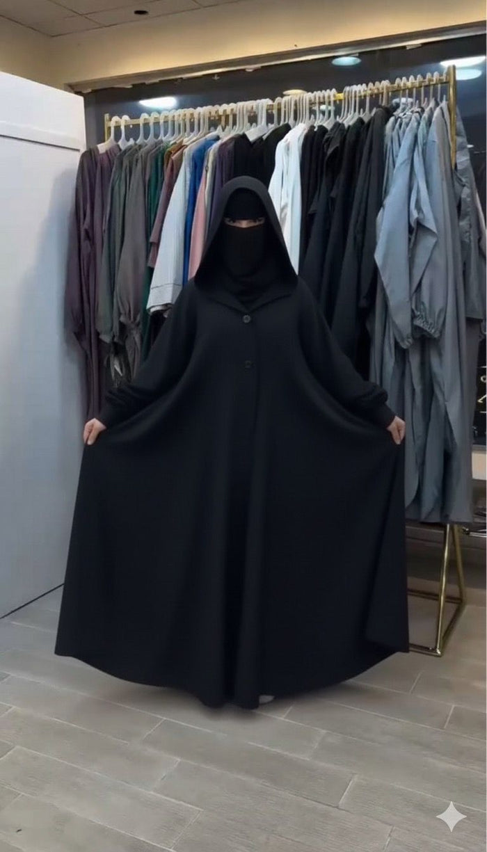 Ch 611 -Button-Front Long Frill Hoodie Winter Fleece Maxi Style with Wide Flare - Saimwear