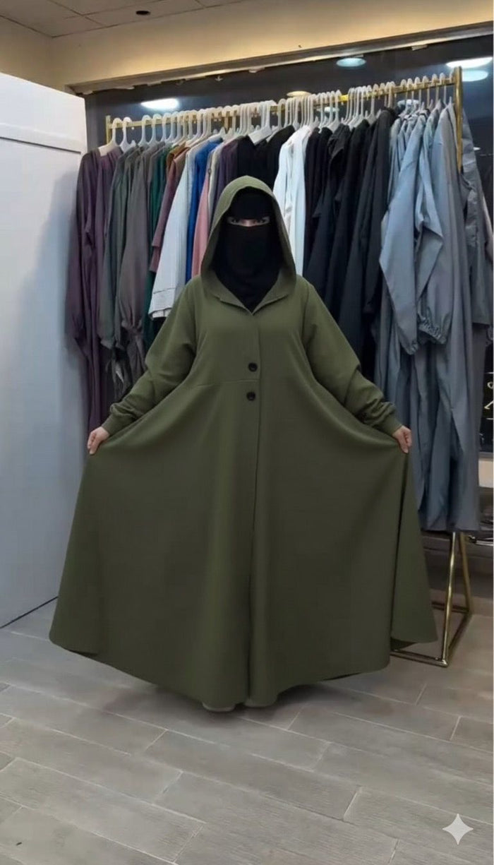 Ch 611 -Button-Front Long Frill Hoodie Winter Fleece Maxi Style with Wide Flare - Saimwear