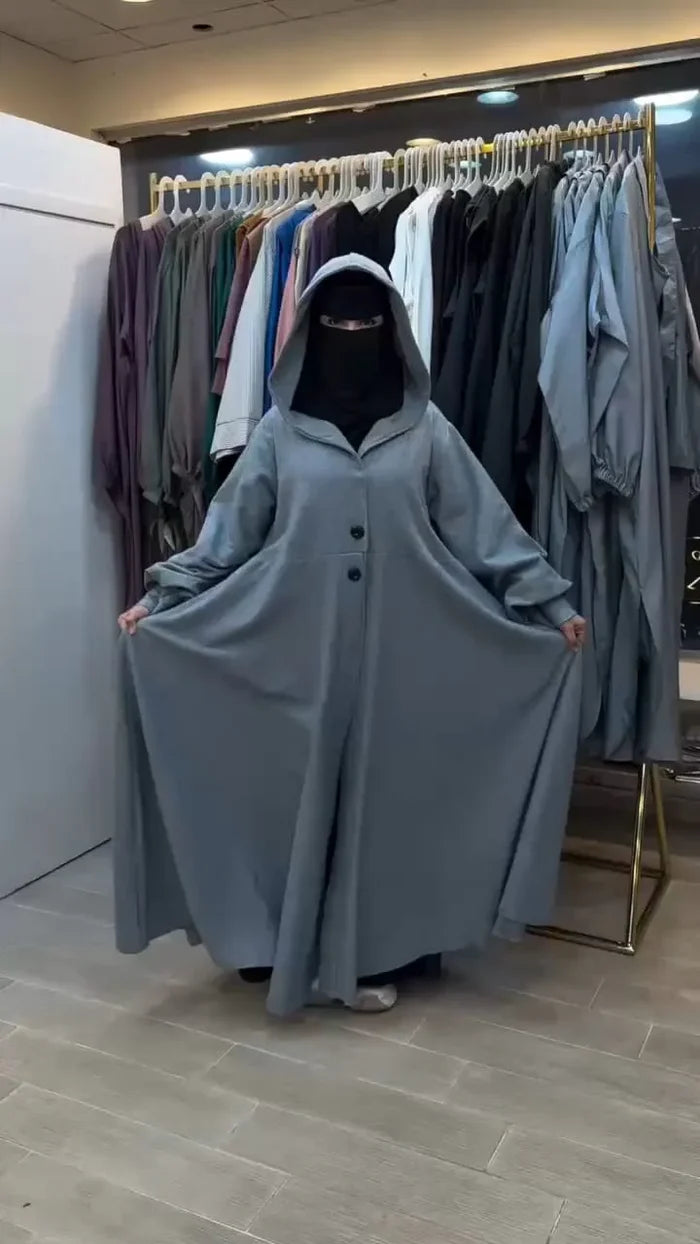 Ch 611 -Button-Front Long Frill Hoodie Winter Fleece Maxi Style with Wide Flare - Saimwear