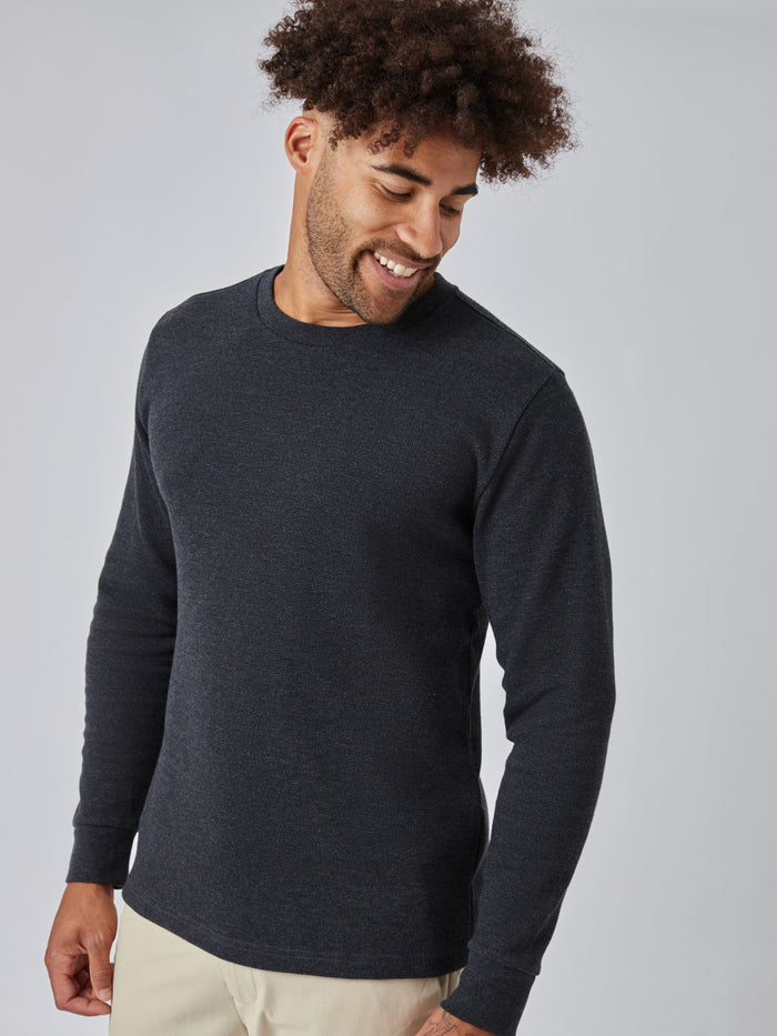Joe is 6', 180LBS and wears a size L # Charcoal Thermal Long Sleeve Crew Studio Image with Model Size Large | Fresh Clean Threads
