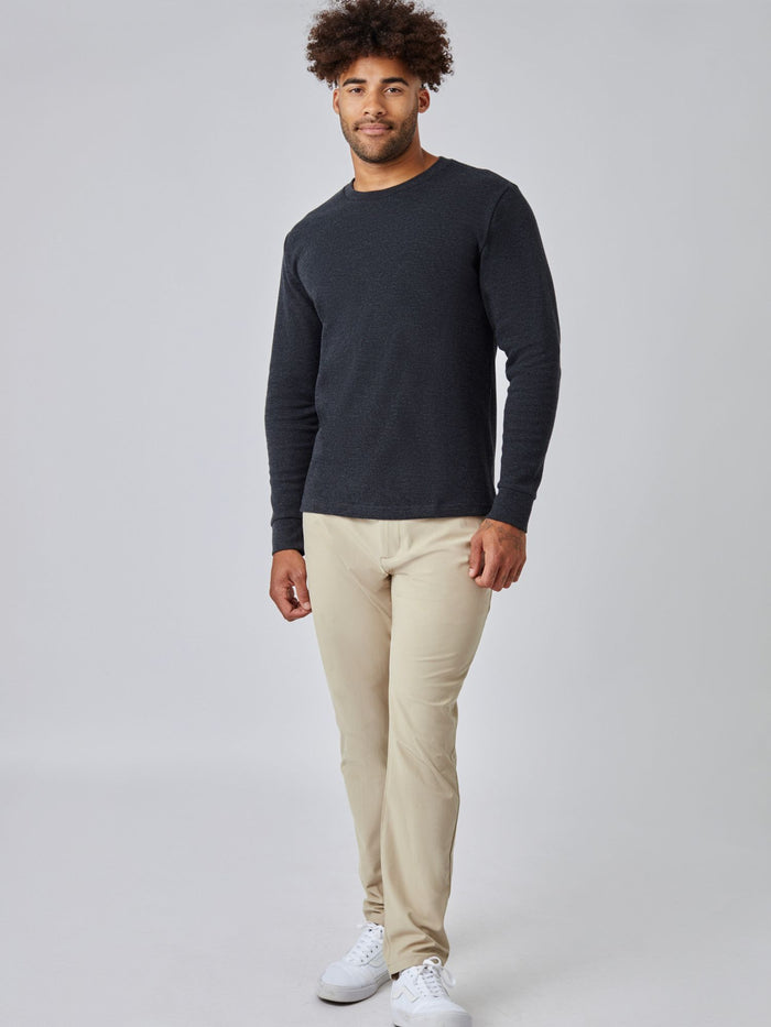 Joe is 6', 180LBS and wears a size L # Charcoal Thermal Long Sleeve Crew Studio Full Body Image | Fresh Clean Threads