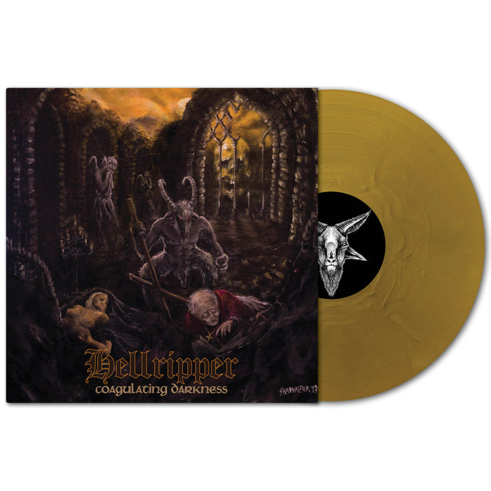 A gold-colored vinyl record from Hellripper partially slides from a cover showing dark, gothic art with a horned demon and fallen figures beneath a ruined archway. Album title: Coagulating Darkness.