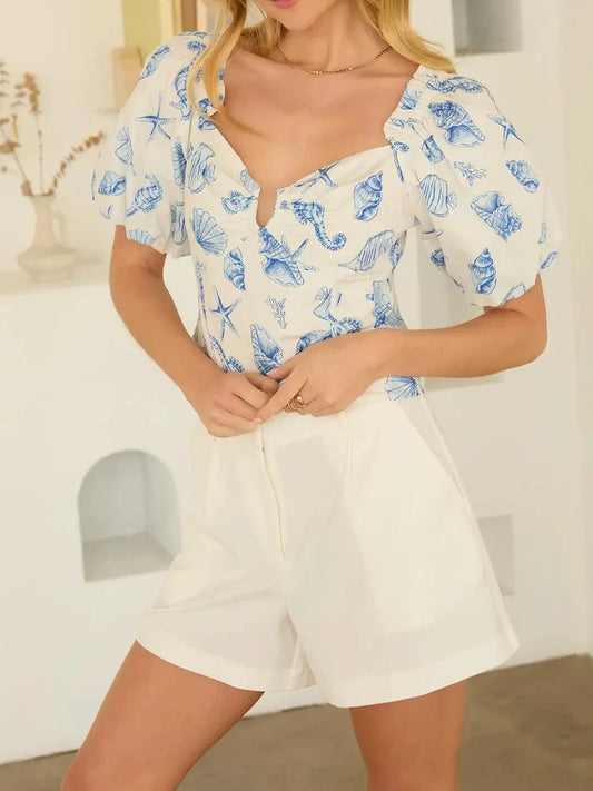 Coastal Sea Print Puff Sleeve Top with Sweetheart Neckline