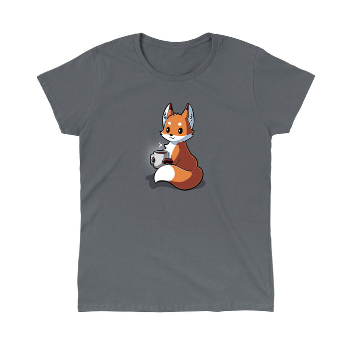 Classic Cotton T-shirt_TeeTurtle Coffee Fox charcoal gray t-shirt featuring a content fox holding a large mug of coffee.