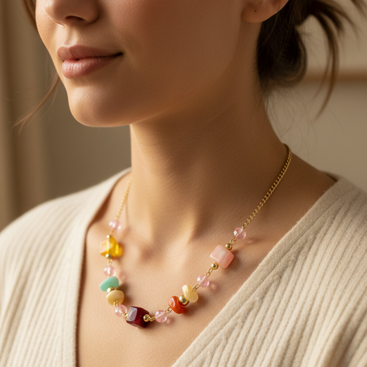 Colorful Bead & Faux Stone Chunky Necklace | 17" Gold-Tone Chain Fashion Jewelry (NCS-3331ST)