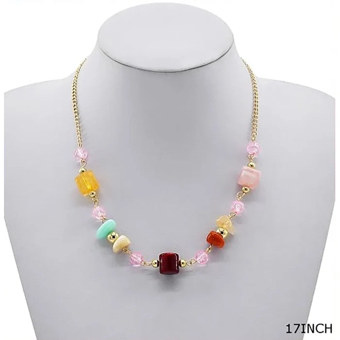 Colorful Bead & Faux Stone Chunky Necklace | 17" Gold-Tone Chain Fashion Jewelry (NCS-3331ST)