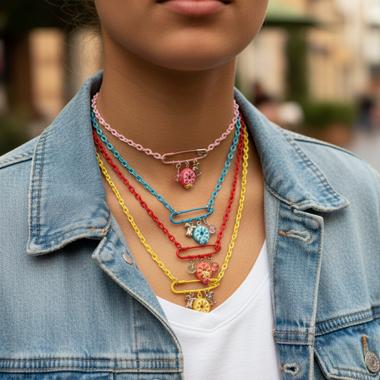 Colorful Plastic Chain Safety Pin Necklaces with Charms – 6-Pack Cute Y2K Aesthetic Jewelry Set for Girls & Teens – Blossom Charm Necklace Bulk (IKNE-027)