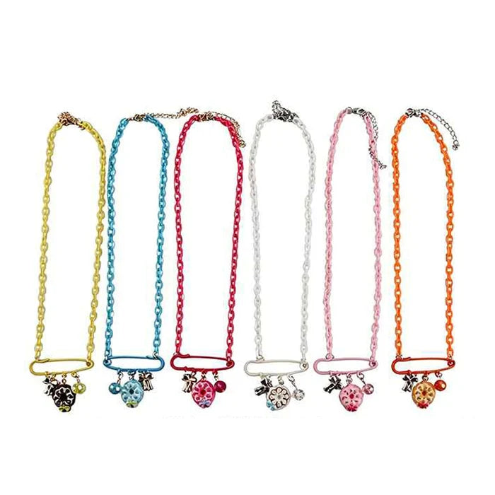 Colorful Plastic Chain Safety Pin Necklaces with Charms – 6-Pack Cute Y2K Aesthetic Jewelry Set for Girls & Teens – Blossom Charm Necklace Bulk (IKNE-027)