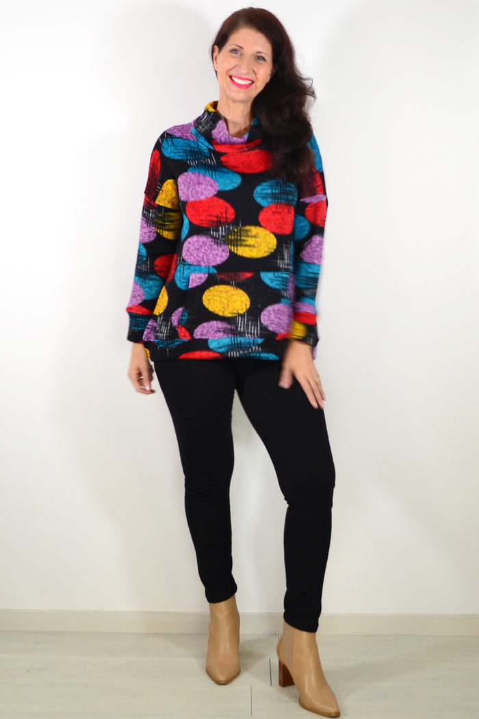 Colorful Orbs Ladies Cardigan from Wishstone, vibrant tunic with a multicolored orb pattern, lightweight and comfortable fabric.