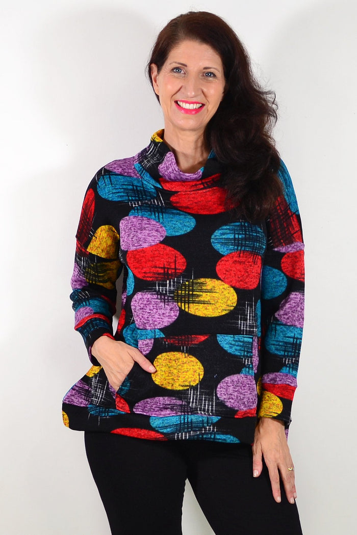 Colorful Orbs Ladies Cardigan, Wishstone tunic with vibrant multi-colored orb pattern, lightweight and stylish for casual wear.