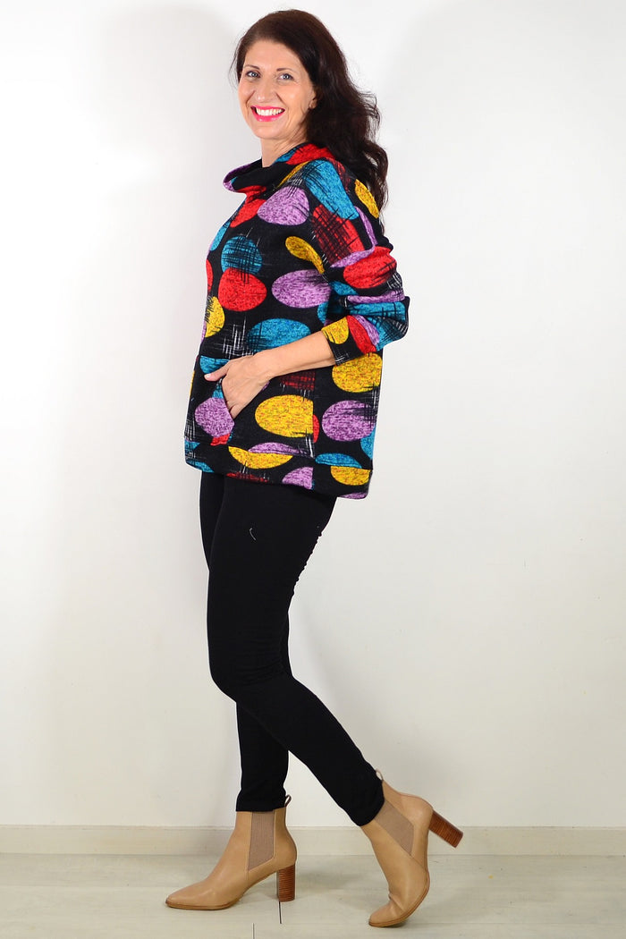 Colorful Orbs Ladies Cardigan tunic by Wishstone featuring vibrant, multicolored orb patterns and a comfortable fit.