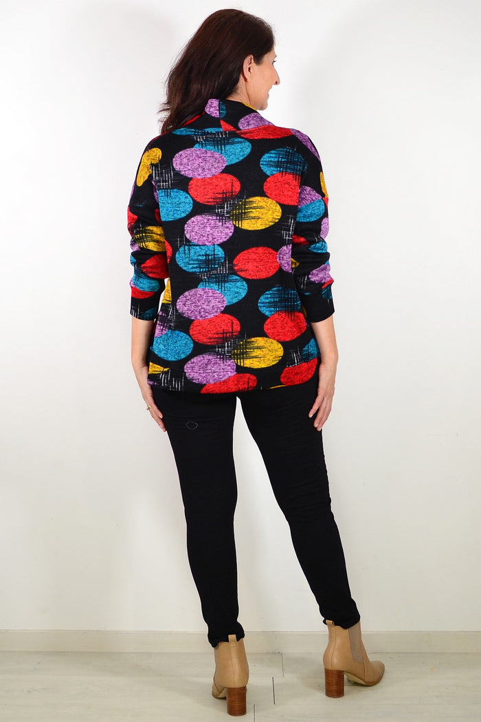 Colorful Orbs Ladies Cardigan tunic by Wishstone with vibrant orb patterns, soft fabric, and relaxed fit, displayed on a hanger.