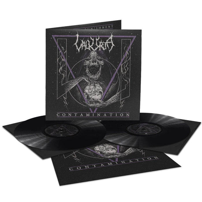 Two black vinyl records with sleeve from VALKYRJA’s black metal album Contamination, featuring dark skull artwork with purple accents and a triangular motif. The band name and album title are clearly displayed.