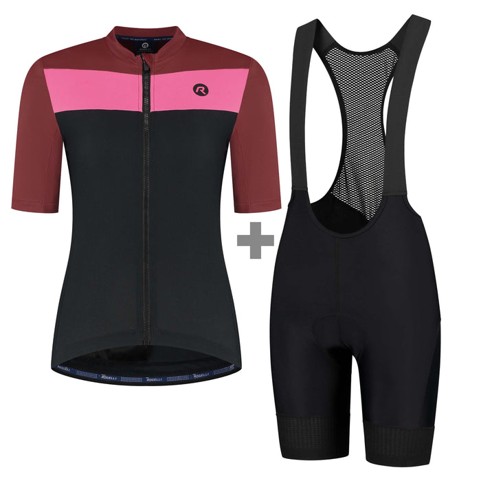 Rogelli fietskleding set voor dames met zwart en rood Core Block fietsshirt korte mouwen en Power korte fietsbroek.