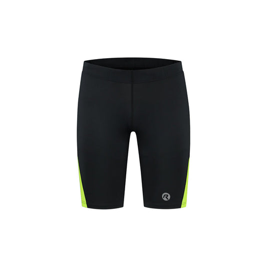 Rogelli Core korte hardloopbroek strakke pasvorm heren zwart en geel voorkant.