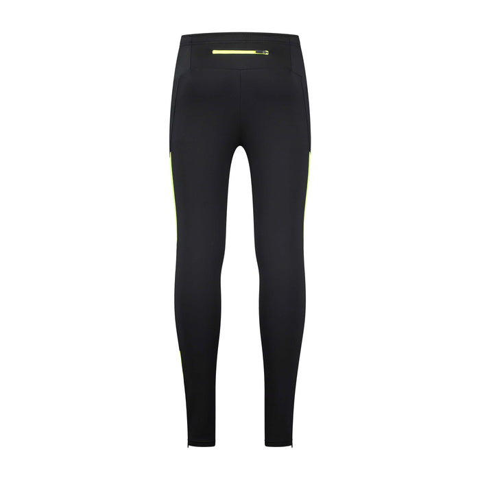 Rogelli Core lange gevoerde hardloopbroek heren zwart en geel achterkant.