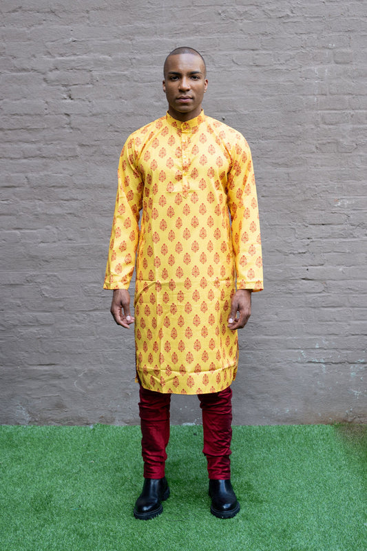 Cotton Block Printed Bright Yellow Men's Kurta