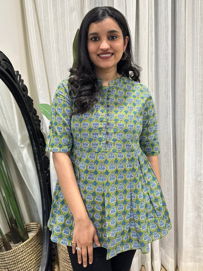 Cotton Peplum Top- Green Blue Booti