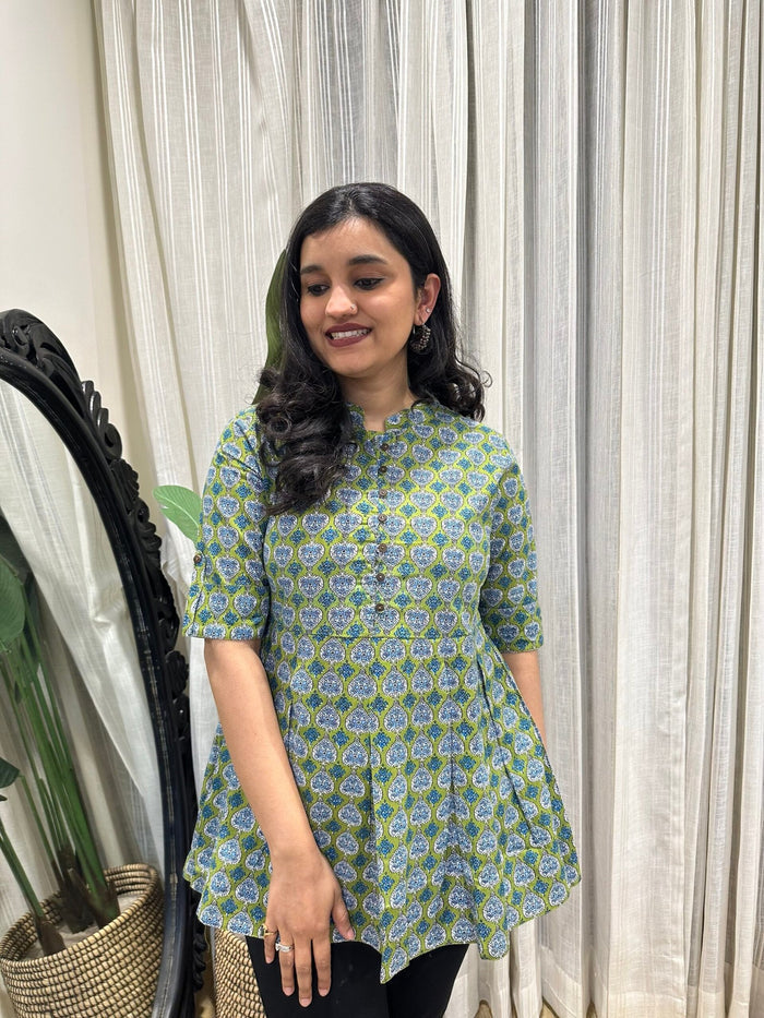 Cotton Peplum Top- Green Blue Booti