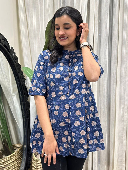 Cotton Peplum Top- Indigo Beige Floral