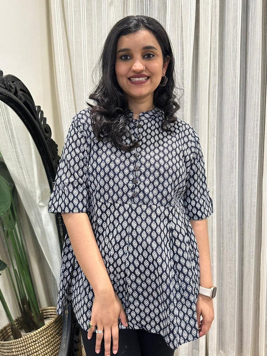 Cotton Peplum Top- Indigo White Booti