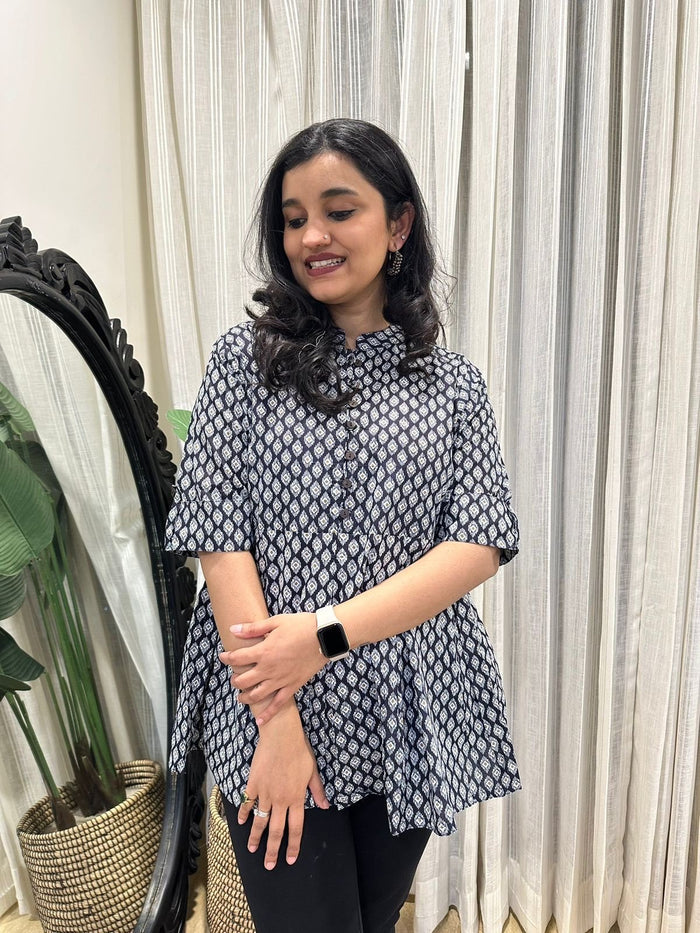 Cotton Peplum Top- Indigo White Booti