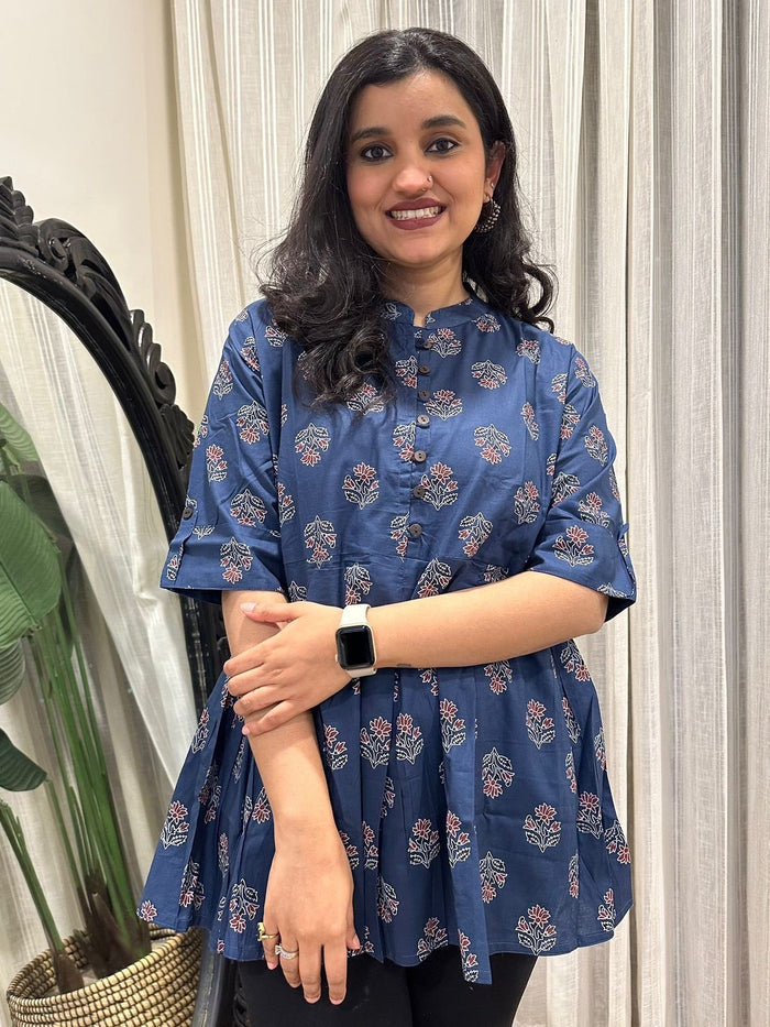 Cotton Peplum Top- Navy Boota