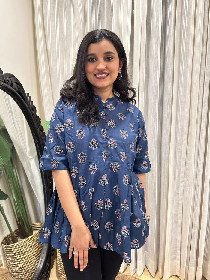 Cotton Peplum Top- Navy Boota