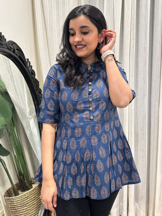 Cotton Peplum Top- Navy Leaf